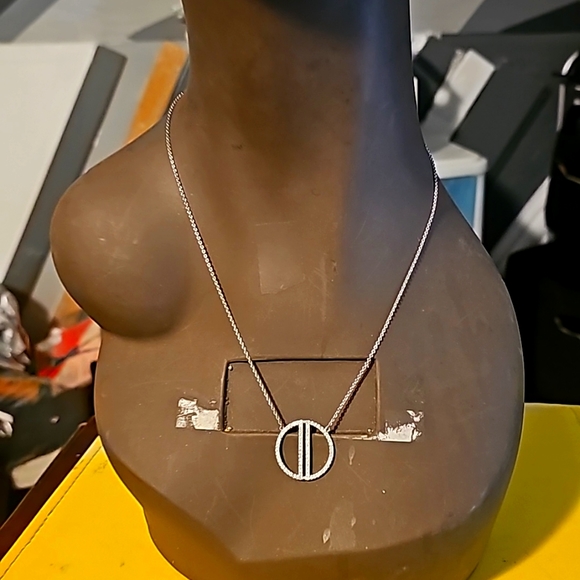 Carmen Silver White Necklace w/Cubic Zirconia Attached Cirle Pendant, 16" Length - Picture 4 of 6